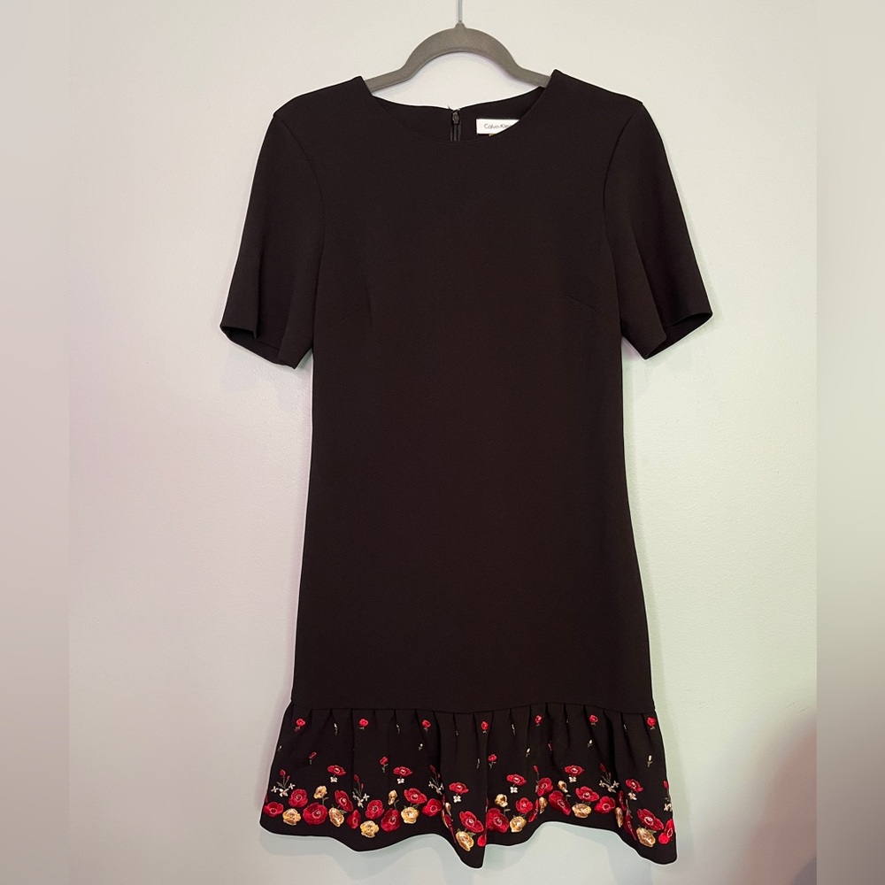 Calvin Klein Black Dress with Embroidered Red Floral Detail